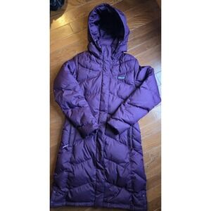 Patagonia Down With It Parka 36" Length Purple Womens Sz Medium Hood Quilted